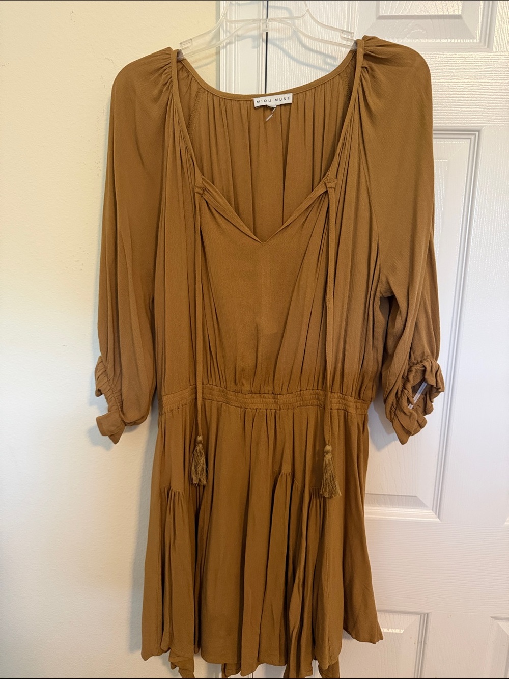 Taupe Brown Tie-Front Boho Mini Dress by Misa Muse